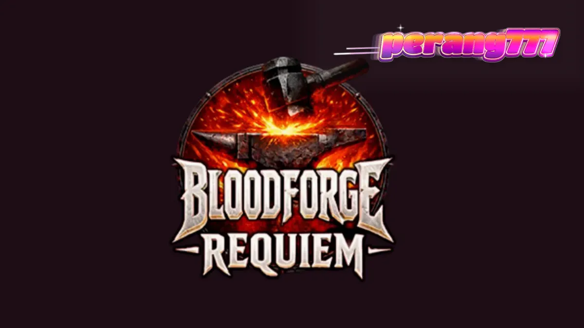 Tampilan visual slot Bloodforge Requiem dengan tema bengkel pandai besi yang membara.